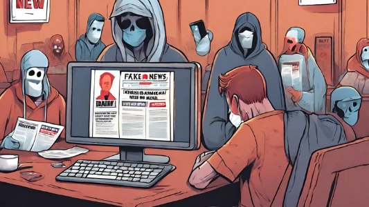 Concept art of fake news on a computer with zombie like cloaked figures around it