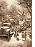 Drawing in sepia colours of old photos showing vintage or historical cars and a truck and children walking beside them dressed in a clothing style from perhaps the 1940s