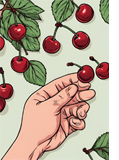 Drawing of a hand reaching oout twards cherries falling from a tree