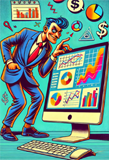 Drawing of a man in a blue suit trimmed with red and an angular face with a pointy chin, pointy nose, and pronounced cheek bones looming over an oversized computer monitor showing bar charts, line charts, and pie charts suggesting manipulation of the data presentation