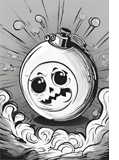 Cartoon image in black and shades of grey of a bomb with a worried face and sweat drops flying opff around it