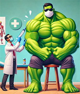 Cartoon of a giant person that looks like the incredible hulk getting an injection