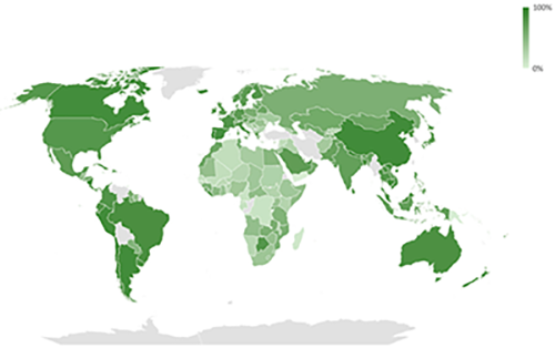 Choropleth world map showing COVID-19 vaccination coverage until March 2023 in 178 countries
