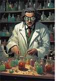 Drawing of a sinister and rougue looking male scientists in a white lab coat in a dimly lit laboratory surround by flasks and bottles containing different coloured substances coloured 