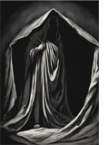 A shadowed black and dark grey drawing of a cloaked figure partially hidden under draping curtains suggesting secrecy 