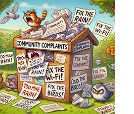 Cartoon of an overflowing suggestion box with angry cats beside it and angry birds on it with complaint messages about the rain and the wifi and the birds