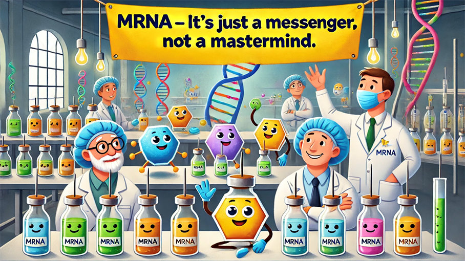 Cartoon showing a science laboratory with bottles containing mRNA and a banner staing mRNA is a messenger not a mastermind