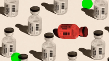 Sepia image of upright COVID-19 vaccine vials spaced evenly and apart with one vial shaded red and lying on its side