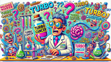 Cartoon of a mad scientist at a laboratory desk holding a bottle of turbo cancer surrounding by mad scientist faces, question marks, and laboratory equipment